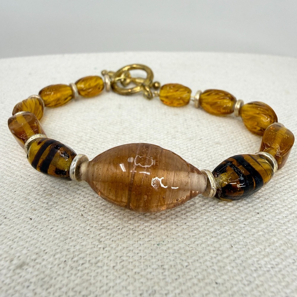 Lampwork Glass Bead Bracelet Brown Gold Tone Toggle Clasp Boho‎ Artsy
